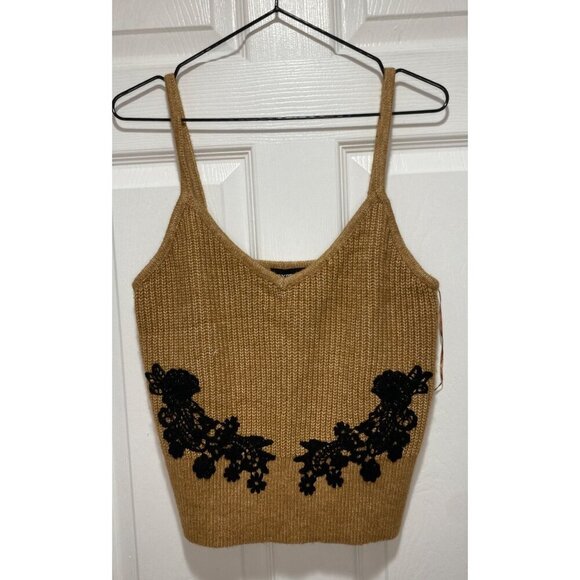Express Y2K Women's Medium Camel Knit Cropped Tank Top Black Floral Embroidery - Picture 1 of 4